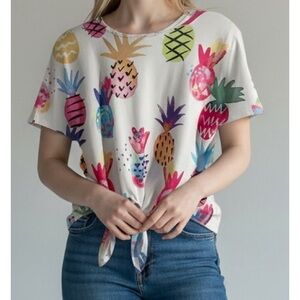 Love J Medium White Multicolor Pineapple Print Tie Waist Crop Top